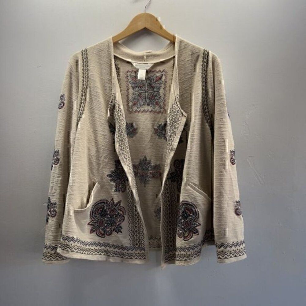 Christopher & Banks Top  Embroidered Open Pocket Cardigan L